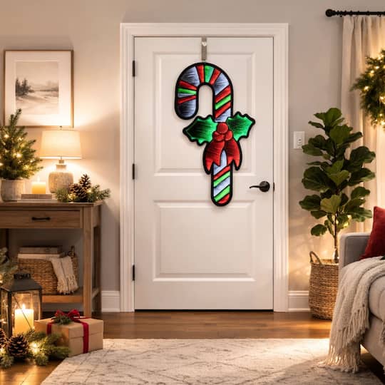 Melrose 35.25" Hanging Candy Cane with Holly EkkoLight